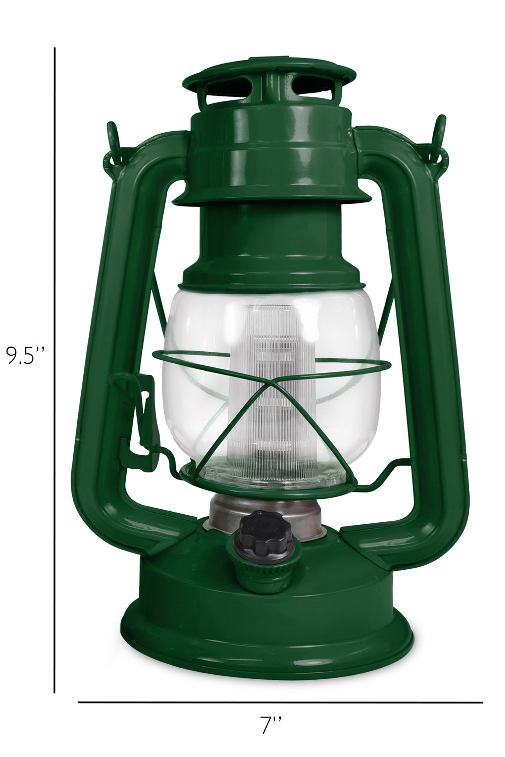 North Point® fresh pine vintage LED lantern having light inside with transparent outer cover with built-in dimmer switch and one fresh pine handle displaying on a white background, featuring measurements indicating a 9.5-inch length, and 7-inch width.