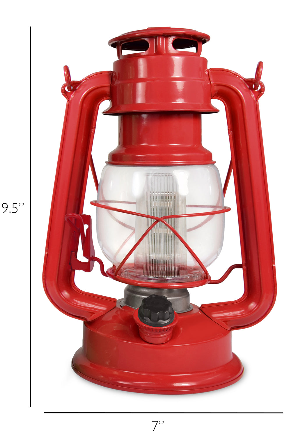 North Point® holly berry vintage LED lantern having light inside with transparent outer cover with built-in dimmer switch and one holly berry handle displaying on a white background, featuring measurements indicating a 9.5-inch length, and 7-inch width.