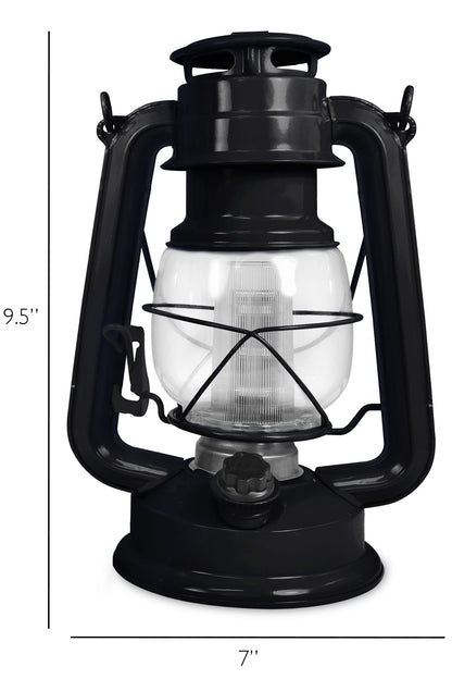 North Point® chimney soot vintage LED lantern having light inside with transparent outer cover with built-in dimmer switch and one chimney soot handle displaying on a white background, featuring measurements indicating a 9.5-inch length, and 7-inch width.