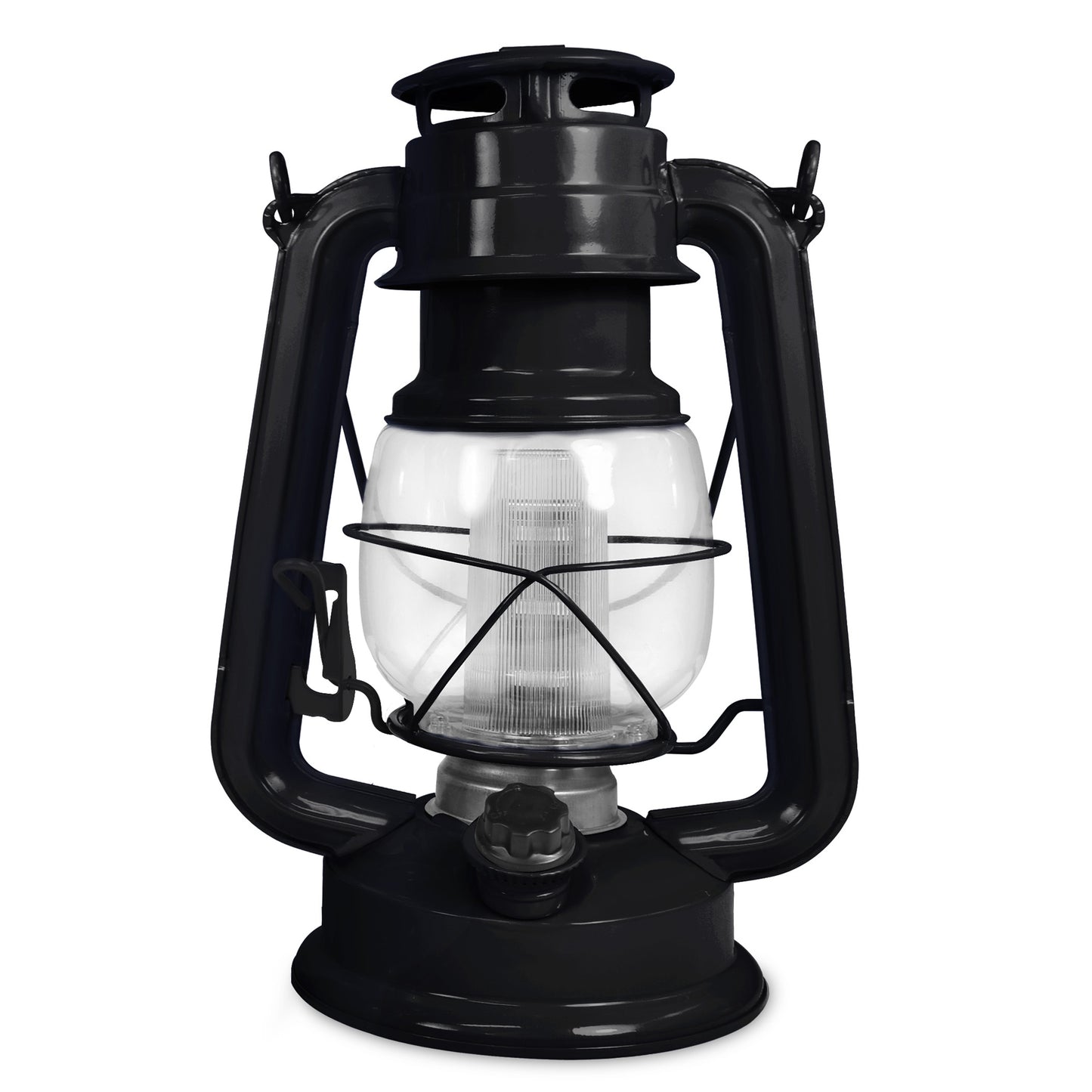 North Point® chimney soot vintage LED lantern having light inside with transparent outer cover with built-in dimmer switch and one chimney soot handle displaying on a white background.