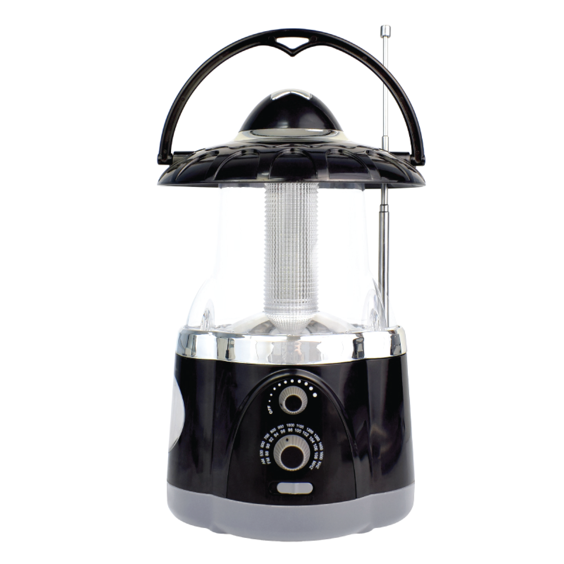 North Point® AM/FM radio lantern in black, featuring 12 bright LED bulbs, central reflector, 4 ultra-bright LED flashlight, and fold away carry handle.