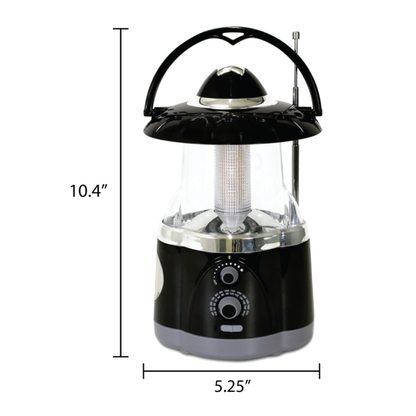 North Point® black AM/FM radio lantern, standing at 10.4" tall and measuring 5.25" wide.