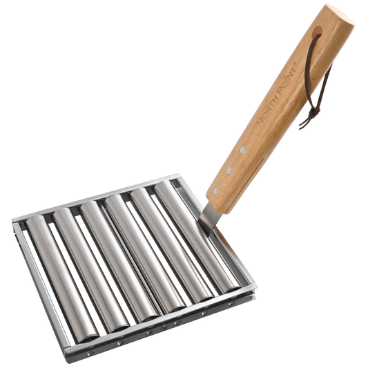 North Point® stainless steel hot dog roller with detachable wooden handle.