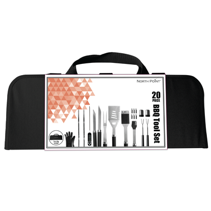 North Point® black carry bag with 20 piece BBQ tool set and text printed on white label.