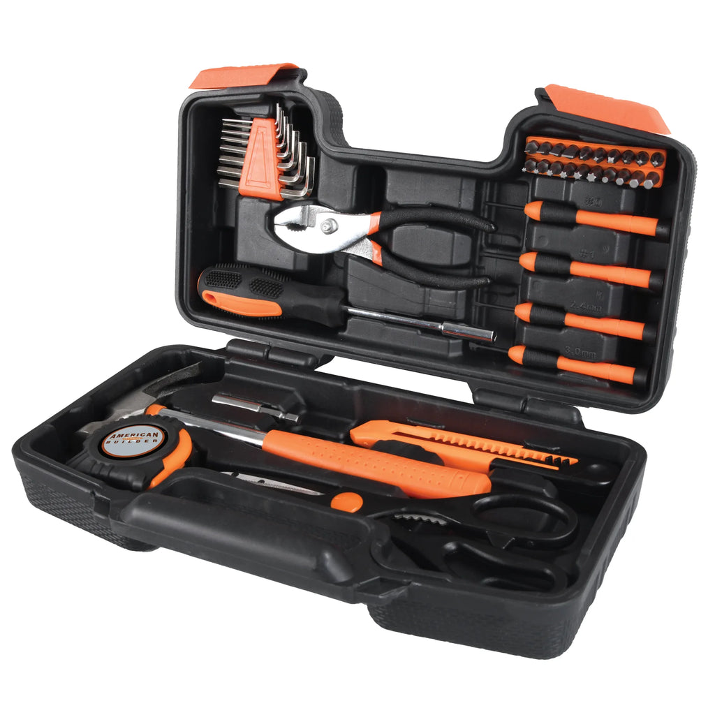 The North Point American Builder 39 Piece Tool Set features an open black case with orange accents, containing pliers, screwdrivers, tape measure, hex keys, utility knife, scissors, and bits—ideal for any DIY tool kit.