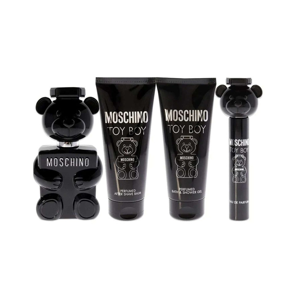 The North Point Men, Moschino Toy Boy Set includes a bear-shaped Eau de Parfum Spray, after shave balm, shower gel, and a slim spray bottle in black packaging—an ultimate men’s fragrance set.