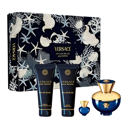 The North Point Women, Versace Dylan Blue set features a decorated box, two blue and gold tubes, a large perfume bottle, and a matching mini—an elegant women’s fragrance collection.