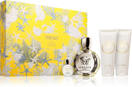 The North Point Women, Versace EROS set includes a yellow sea-themed box with two Eau de Parfum bottles and two white tubes of body products.