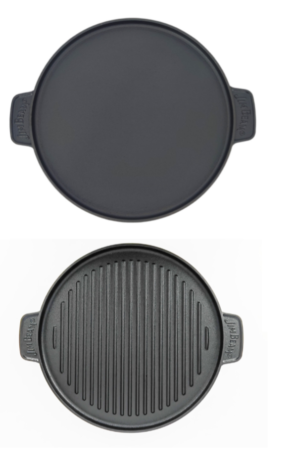 The North Point Jim Beam Cast Iron Round Double Sided Griddle features two black pans with side handles and "Jim Beam" embossed. The top has a smooth surface; the bottom has raised grill ridges, perfect for grilling and searing.