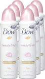 Six North Point Dove Anti-Perspirant Deodorant 48h Spray 150ml bottles, each white with a pink cap and colorful gold, pink, and blue labels emphasizing moisturizing cream and 48-hour odor protection, are displayed in two rows (Pack of 6).