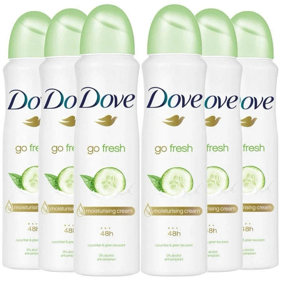 Get six cans of North Point Dove Anti-Perspirant Deodorant 48h Spray (150ml), featuring a refreshing scent and green cap. Enjoy long-lasting, 48-hour odor protection in every pack.