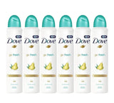 Six North Point Dove Anti-Perspirant Deodorant 48h Spray 150 ml cans are lined up, each featuring a moisturizing cream formula with pear and aloe vera scent for 48-hour odor protection. Pack of 6.