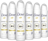 Six North Point Dove Anti-Perspirant Deodorant 48h Spray 150 ml cans are lined up. These sprays offer 48-hour odor protection with moisturizing cream and suit 100 colors. Pack of 6.