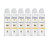 Six North Point Dove Anti-Perspirant Deodorant 48h Spray 150 ml cans are lined up, each white with a silver cap, featuring the Dove logo and colorful circles, providing 48-hour odor protection. Pack of 6.