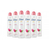Six North Point Dove Anti-Perspirant Deodorant 48h Spray 150ml bottles, each with a pink cap and pomegranate design, are arranged in a row. This pack of 6 offers 48-hour odor protection.