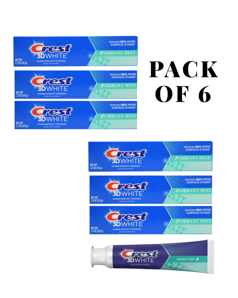 Six boxes of North Point Crest 3D White Vibrant Mint Toothpaste (Pack of 6) are arranged in two stacks, featuring a PACK OF 6 label and one whitening toothpaste tube displayed at the bottom.