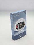 A blue and white box for the North Point Bluetooth Smart Watch for Android iOS (Black) features images of the watch face with various display screens, icons for health and fitness tracking, and “Smart Watch” branding on the front.