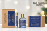 A display of the Blue Stallion by Stallion 53 Eau de Parfum Spray Gift Set from North Point features a brown box, glass perfume bottle, travel-size spray, and another box—all with elegant blue and gold labels in English and Arabic.
