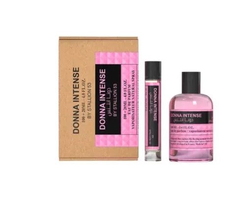 Three Donna Intense by Stallion 53 Eau de Parfum Spray Gift Set products by North Point are displayed: a box, a small spray bottle, and a larger round bottle with pink liquid, all set against a softly lit background.