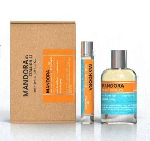 The Mandora by Stallion 53 Eau de Parfum Spray Gift Set by North Point features a brown box, a slim spray bottle, and a round bottle—all with orange and blue labels and silver caps—displayed on a plain white background.