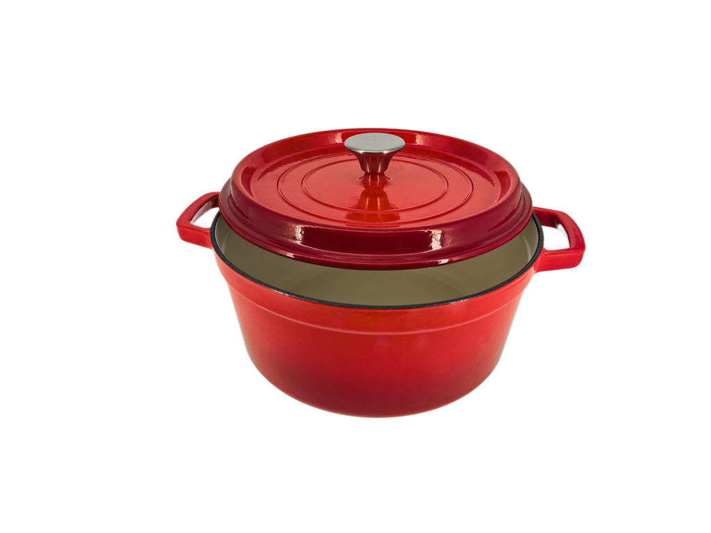 The North Point Red Enameled Cast Iron Dutch Oven Pot with Lid, oven safe and heavy duty, features two side handles and excellent heat retention, shown against a white background.