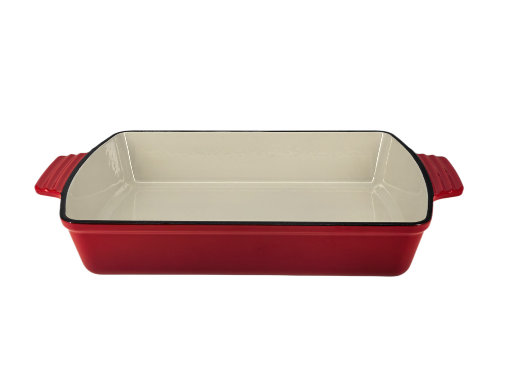The North Point Enameled Cast Iron Roasting Pan Baking Dish is oven safe, nonstick, and red with a white interior—perfect for casseroles. Photographed on a white background.