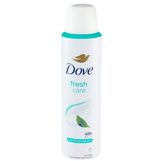 A white 150 ml can of North Point Dove Anti-Perspirant Deodorant 48h Spray, pack of 6, with a white cap, blue accents, and green leaf image. Label promotes “48-hour odor protection” and “long lasting fragrance.”.