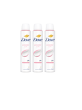 Six Dove Anti-Perspirant Deodorant 48h Spray 150 ml cans by North Point stand together, featuring a sleek white design with pink accents and the iconic gold Dove logo for up to 48-hour odor protection.