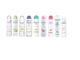 Six Dove Anti-Perspirant Deodorant 48h Spray 150 ml cans by North Point, each with unique cap and label colors for different scents, are displayed in a row on a white background.