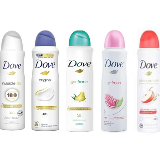 A white 150 ml can of North Point Dove Anti-Perspirant Deodorant 48h Spray, pack of 6, with a white cap, blue accents, and green leaf image. Label promotes “48-hour odor protection” and “long lasting fragrance.”.