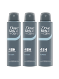 Three upright cans of North Point Dove Men+Care 48H Antiperspirant Deodorant Spray, in gray with blue and white text, promise "48H Protection," making them ideal for lasting men's sweat protection.