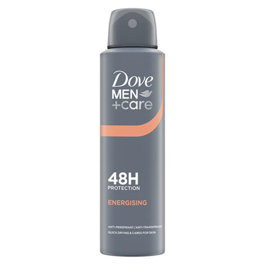 A gray can of North Point Dove Men+Care 48H Antiperspirant Deodorant Spray features orange and white text, a dark gray cap, and offers quick-drying, skin-caring sweat protection for men lasting up to 48 hours.