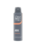 A gray can of North Point Dove Men+Care 48H Antiperspirant Deodorant Spray features orange and white text, a dark gray cap, and offers quick-drying, skin-caring sweat protection for men lasting up to 48 hours.