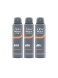 Three gray North Point Dove Men+Care 48H Antiperspirant Deodorant Spray cans are lined up side by side, each showing 48-hour sweat protection with orange and white text and accents on the label.
