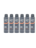 Six cans of North Point Dove Men+Care 48H Antiperspirant Deodorant Spray are lined up, showcasing gray packaging with bold orange accents and offering long-lasting 48-hour sweat protection.