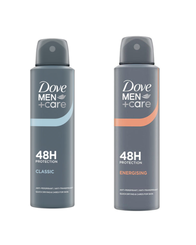 Two North Point Dove Men+Care 48H Antiperspirant Deodorant Sprays: Classic (blue accents) and Energising (orange accents), both in sleek grey packaging and offering 48-hour sweat protection for men.