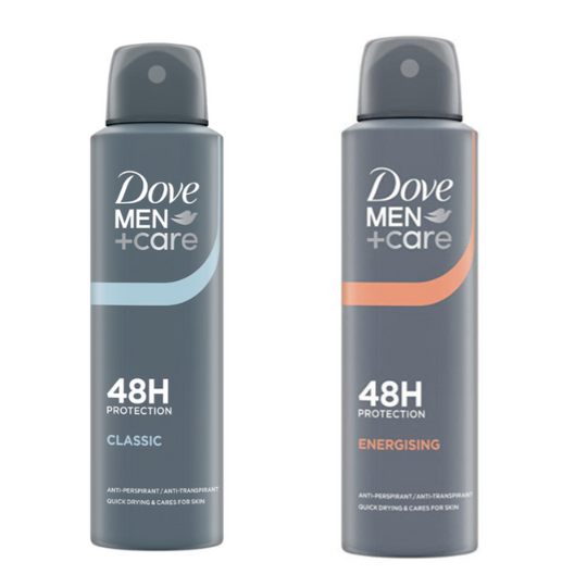 A gray can of North Point Dove Men+Care 48H Antiperspirant Deodorant Spray features orange and white text, a dark gray cap, and offers quick-drying, skin-caring sweat protection for men lasting up to 48 hours.