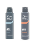 Two North Point Dove Men+Care 48H Antiperspirant Deodorant Sprays: Classic (blue accents) and Energising (orange accents), both in sleek grey packaging and offering 48-hour sweat protection for men.