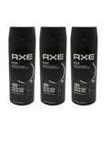 Three black cans of North Point Axe Deodorant 150ml stand upright side by side. Each can shows the AXE logo, "48H Non Stop Fresh," and notes a cedarwood scent. The background is white.