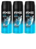 Three cans of North Point Axe Deodorant 150ml, featuring a blue and black design with "48H Non Stop Fresh" text and an Iced Mint & Lemon scent.