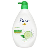 A white bottle of North Point Dove Body Wash 1LT with a green pump, featuring cucumber and green tea graphics on the label to indicate its fresh scent.