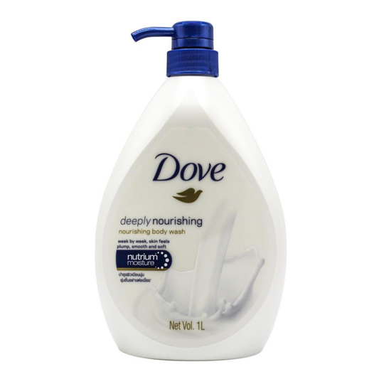 A 1-liter bottle of North Point Dove Body Wash with a blue pump dispenser and a white label featuring branding and a milk splash graphic.