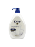 A 1-liter bottle of North Point Dove Body Wash, featuring a white label with blue and gold text, blue pump dispenser, and an image of milk splashing.
