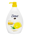 A 1-liter bottle of North Point Dove Body Wash, featuring grapefruit and lemongrass scent, a yellow pump, and a label with sliced grapefruit and yellow accents.