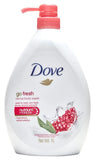 A 1-liter white bottle of North Point Dove Body Wash with a red pump, shown with pomegranate and lemon verbena images, and labeled to contain Nutrium Moisture.