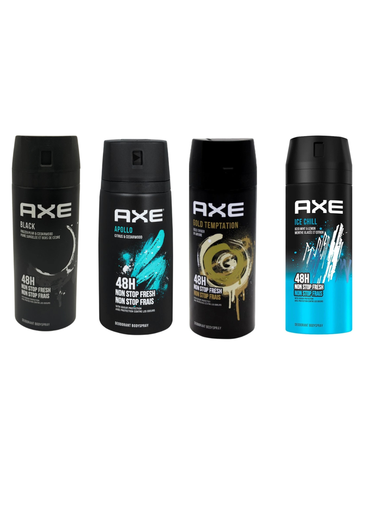 Four North Point Axe Deodorant 150ml cans—Black, Apollo, Gold Temptation, and Ice Chill—are displayed in a row, each with unique colors and designs reflecting their scent variants.
