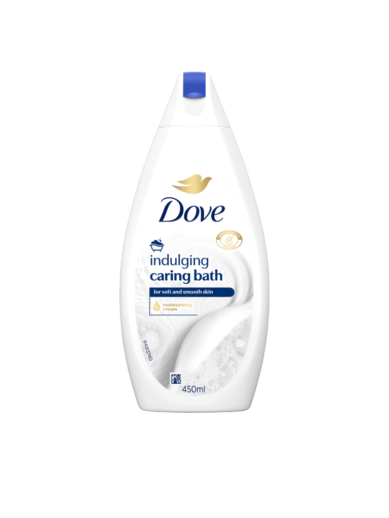 A 450ml white bottle of North Point Dove Indulging Caring Bath Moisturizing Body Wash with a blue cap, gold logo, and text promoting soft, smooth skin—dermatologically tested for creamy nourishment and ultimate care.
