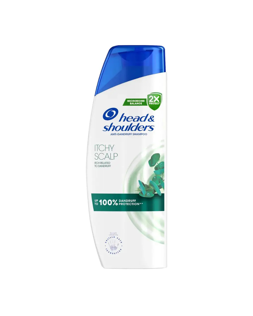 A bottle of North Point Head & Shoulders Itchy Scalp Anti-Dandruff Shampoo with a blue cap, white body, green graphics, and text promoting up to 100% dandruff protection for itchy scalp.