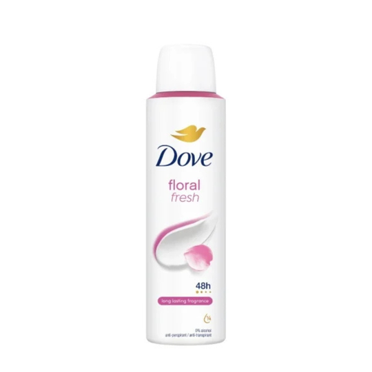 A 150ml can of North Point Dove Body Spray Deodorant featuring a gentle formula, 48-hour protection, and long-lasting fragrance in a pink and white design.