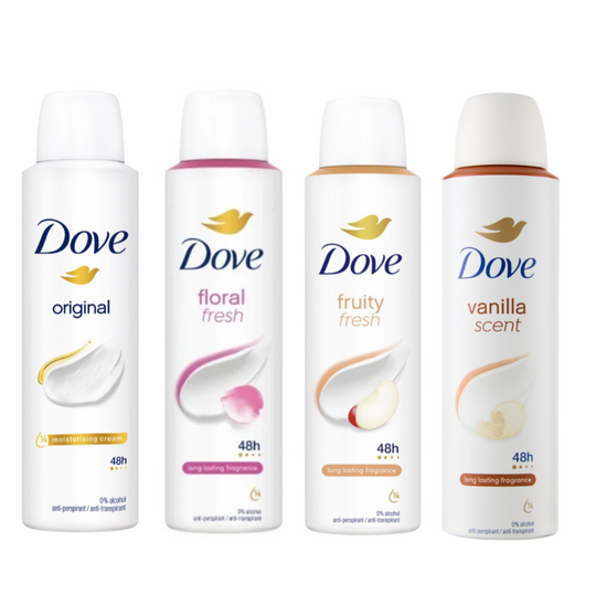 A 150ml can of North Point Dove Body Spray Deodorant featuring a gentle formula, 48-hour protection, and long-lasting fragrance in a pink and white design.